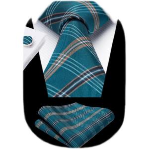 imageHISDERN Mens Tie Set Classic Woven Ties and Pocket Square Cufflinks Set Formal Business Wedding Neckties HandkerchiefBblue