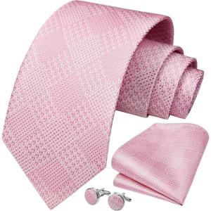 imageHISDERN Mens Tie Set Classic Woven Ties and Pocket Square Cufflinks Set Formal Business Wedding Neckties HandkerchiefBpink