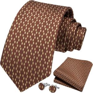 imageHISDERN Mens Tie Set Classic Woven Ties and Pocket Square Cufflinks Set Formal Business Wedding Neckties HandkerchiefDbrown