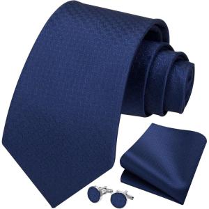 imageHISDERN Mens Tie Set Classic Woven Ties and Pocket Square Cufflinks Set Formal Business Wedding Neckties HandkerchiefDnavy Blue