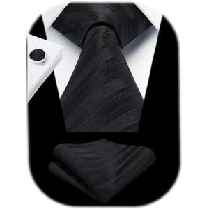 imageHISDERN Ties for Men Stripe Plaid Tie Classic Necktie Pocket Square Cufflinks Set for Formal Wedding Business PartyBlack