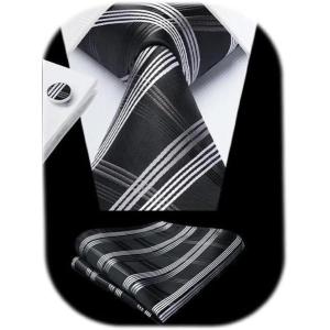 imageHISDERN Ties for Men Stripe Plaid Tie Classic Necktie Pocket Square Cufflinks Set for Formal Wedding Business PartyBlack Plaid