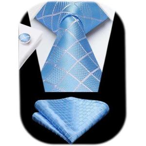 imageHISDERN Ties for Men Stripe Plaid Tie Classic Necktie Pocket Square Cufflinks Set for Formal Wedding Business PartyBlue Plaid