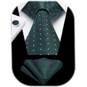 imageHISDERN Ties for Men Stripe Plaid Tie Classic Necktie Pocket Square Cufflinks Set for Formal Wedding Business PartyDark Green