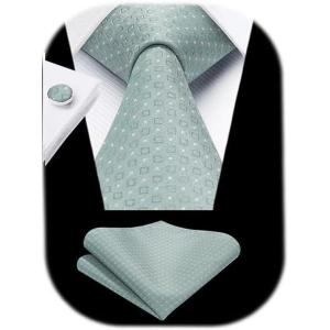imageHISDERN Ties for Men Stripe Plaid Tie Classic Necktie Pocket Square Cufflinks Set for Formal Wedding Business PartyGreen