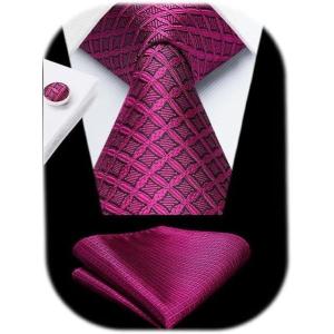 imageHISDERN Ties for Men Stripe Plaid Tie Classic Necktie Pocket Square Cufflinks Set for Formal Wedding Business PartyHot Pink
