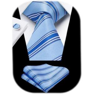 imageHISDERN Ties for Men Stripe Plaid Tie Classic Necktie Pocket Square Cufflinks Set for Formal Wedding Business PartyLight Blue