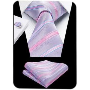 imageHISDERN Ties for Men Stripe Plaid Tie Classic Necktie Pocket Square Cufflinks Set for Formal Wedding Business PartyLight Purple