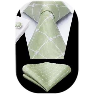imageHISDERN Ties for Men Stripe Plaid Tie Classic Necktie Pocket Square Cufflinks Set for Formal Wedding Business PartyMorandi Green