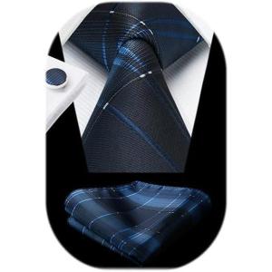 imageHISDERN Ties for Men Stripe Plaid Tie Classic Necktie Pocket Square Cufflinks Set for Formal Wedding Business PartyNavy Blue