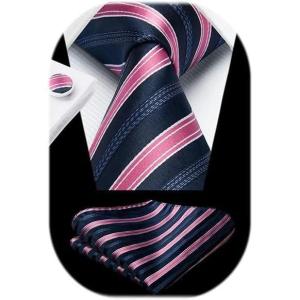 imageHISDERN Ties for Men Stripe Plaid Tie Classic Necktie Pocket Square Cufflinks Set for Formal Wedding Business PartyNavy Blue Pink