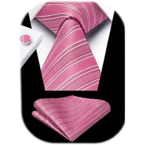 imageHISDERN Ties for Men Stripe Plaid Tie Classic Necktie Pocket Square Cufflinks Set for Formal Wedding Business PartyRose Red