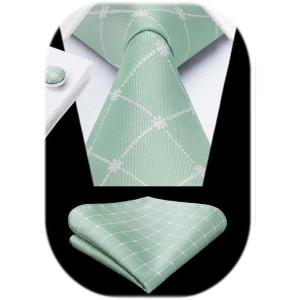 imageHISDERN Ties for Men Stripe Plaid Tie Classic Necktie Pocket Square Cufflinks Set for Formal Wedding Business PartySage Green Plaid