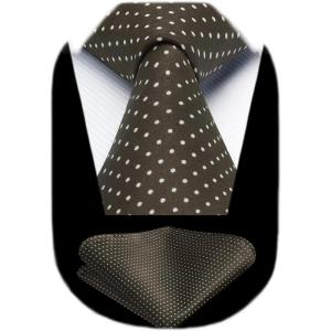 imageHISDERN Polka Dot Ties for Men Classic Silk Ties and Pocket Square Formal Business Necktie Handkerchief Wedding PartyAbrown  White