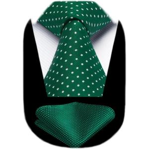 imageHISDERN Polka Dot Ties for Men Classic Silk Ties and Pocket Square Formal Business Necktie Handkerchief Wedding PartyAgreen  White