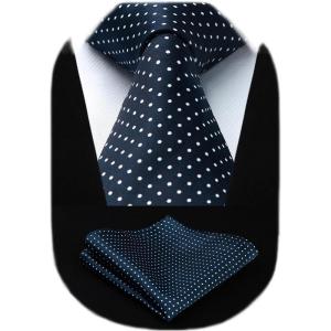 imageHISDERN Polka Dot Ties for Men Classic Silk Ties and Pocket Square Formal Business Necktie Handkerchief Wedding PartyAnavy Blue  White 1