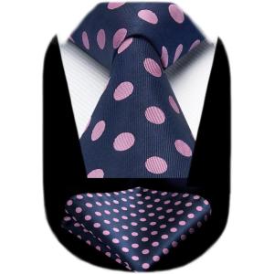 imageHISDERN Polka Dot Ties for Men Classic Silk Ties and Pocket Square Formal Business Necktie Handkerchief Wedding PartyCnavy Blue  Pinka
