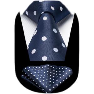 imageHISDERN Polka Dot Ties for Men Classic Silk Ties and Pocket Square Formal Business Necktie Handkerchief Wedding PartyCnavy Blue  White