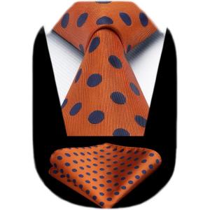imageHISDERN Polka Dot Ties for Men Classic Silk Ties and Pocket Square Formal Business Necktie Handkerchief Wedding PartyCorange  Navy Blue