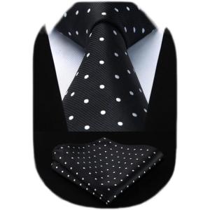 imageHISDERN Polka Dot Ties for Men Classic Silk Ties and Pocket Square Formal Business Necktie Handkerchief Wedding PartyDblack  White 1