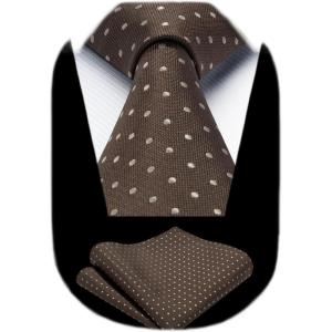 imageHISDERN Polka Dot Ties for Men Classic Silk Ties and Pocket Square Formal Business Necktie Handkerchief Wedding PartyDbrown