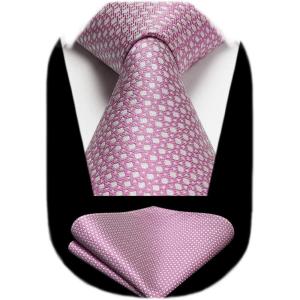 imageHISDERN Polka Dot Ties for Men Classic Silk Ties and Pocket Square Formal Business Necktie Handkerchief Wedding PartyFpink
