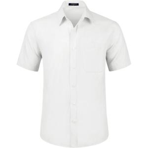 imageHISDERN Mens Short Sleeve Dress Shirts Solid Wrinkle Free Formal Summer Shirt Business Casual Stretch Button Down Shirts01white