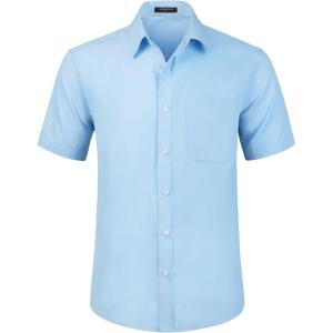 imageHISDERN Mens Short Sleeve Dress Shirts Solid Wrinkle Free Formal Summer Shirt Business Casual Stretch Button Down ShirtsBlight Blue