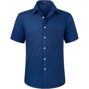 imageHISDERN Mens Short Sleeve Dress Shirts Solid Wrinkle Free Formal Summer Shirt Business Casual Stretch Button Down ShirtsBnavy Blue