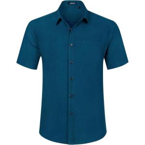 imageHISDERN Mens Short Sleeve Dress Shirts Solid Wrinkle Free Formal Summer Shirt Business Casual Stretch Button Down ShirtsBteal
