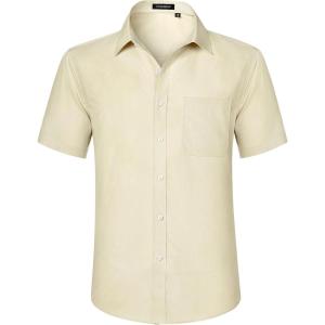 imageHISDERN Mens Short Sleeve Dress Shirts Solid Wrinkle Free Formal Summer Shirt Business Casual Stretch Button Down ShirtsChampagne