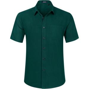 imageHISDERN Mens Short Sleeve Dress Shirts Solid Wrinkle Free Formal Summer Shirt Business Casual Stretch Button Down ShirtsGdark Green