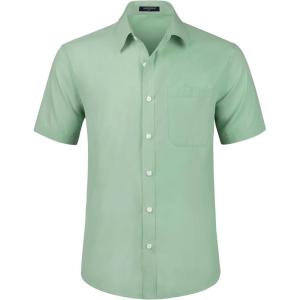 imageHISDERN Mens Short Sleeve Dress Shirts Solid Wrinkle Free Formal Summer Shirt Business Casual Stretch Button Down ShirtsGlight Green