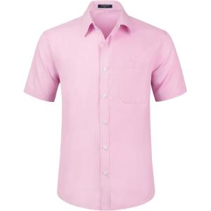 imageHISDERN Mens Short Sleeve Dress Shirts Solid Wrinkle Free Formal Summer Shirt Business Casual Stretch Button Down ShirtsPpink