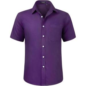 imageHISDERN Mens Short Sleeve Dress Shirts Solid Wrinkle Free Formal Summer Shirt Business Casual Stretch Button Down ShirtsPpurple