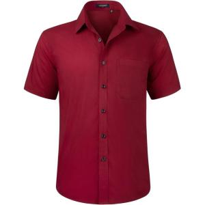 imageHISDERN Mens Short Sleeve Dress Shirts Solid Wrinkle Free Formal Summer Shirt Business Casual Stretch Button Down ShirtsRburgundy