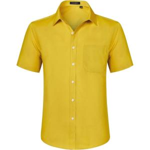 imageHISDERN Mens Short Sleeve Dress Shirts Solid Wrinkle Free Formal Summer Shirt Business Casual Stretch Button Down ShirtsYellow