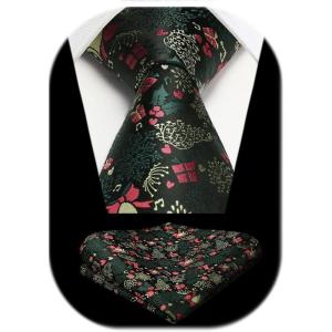imageHISDERN Christmas Ties for Men Holiday Festival Funny Tie and Pocket Square Set Vacation Xmas Party Necktie HandkerchiefA3 Green
