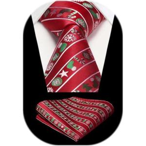 imageHISDERN Christmas Ties for Men Holiday Festival Funny Tie and Pocket Square Set Vacation Xmas Party Necktie HandkerchiefB10 Red  Green  White