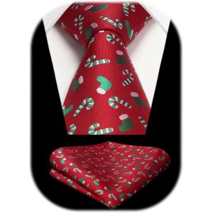 imageHISDERN Christmas Ties for Men Holiday Festival Funny Tie and Pocket Square Set Vacation Xmas Party Necktie HandkerchiefB6 Red  Sock Candy
