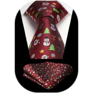 imageHISDERN Christmas Ties for Men Holiday Festival Funny Tie and Pocket Square Set Vacation Xmas Party Necktie HandkerchiefB9 Burgundy