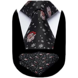 imageHISDERN Christmas Ties for Men Holiday Festival Funny Tie and Pocket Square Set Vacation Xmas Party Necktie HandkerchiefD2 Black  Snowman