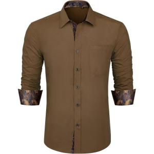 imageHISDERN Mens Business Dress Shirts Long Sleeve Casual Button Down Shirt Formal Inner Collar Contrast Shirt for Men WeddingDark Brown  Paisley