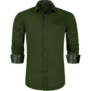 imageHISDERN Mens Business Dress Shirts Long Sleeve Casual Button Down Shirt Formal Inner Collar Contrast Shirt for Men WeddingGreen  Army Green