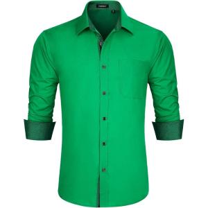 imageHISDERN Mens Business Dress Shirts Long Sleeve Casual Button Down Shirt Formal Inner Collar Contrast Shirt for Men WeddingHunter Green