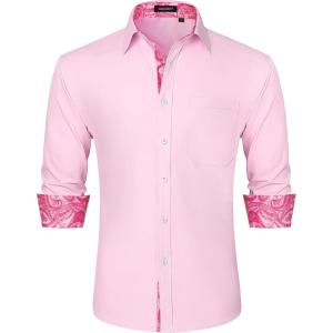 imageHISDERN Mens Business Dress Shirts Long Sleeve Casual Button Down Shirt Formal Inner Collar Contrast Shirt for Men WeddingPink  Hot Pink