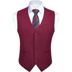 imageHISDERN Mens Suit Vest Business Formal Dress Vests for Men Solid Color Casual Wedding Tuxedo Party WaistcoatA08 Suit Vest Burgundy