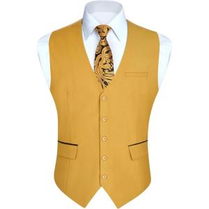 imageHISDERN Mens Suit Vest Business Suit Vests for Men Formal Slim Fit Solid Wedding Dress Waistcoat for VNeck Tuxedo VestGoldflap Pocket