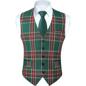 imageHISDERN Mens Suit Vest Business Suit Vests for Men Formal Slim Fit Solid Wedding Dress Waistcoat for VNeck Tuxedo VestGreen  Red Plaidflap Pocket