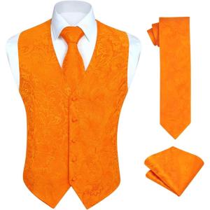 imageHISDERN Mens Vest Tie Set 3PC Formal Waistcoat Paisley Floral Jacquard Necktie Pocket Square Suit Vests Wedding PartyOrange Paisley